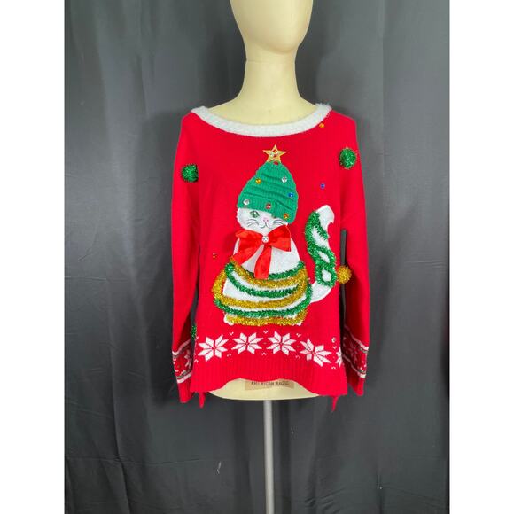 Ugly Christmas Cat Sweater, XL, Bow, Tinsel, Star, Sequence - Picture 1 of 7